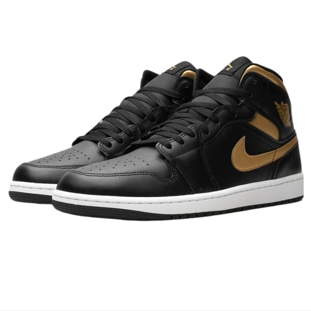Air Jordan 1 Mid Sneakers Black/White/Metallic Gold